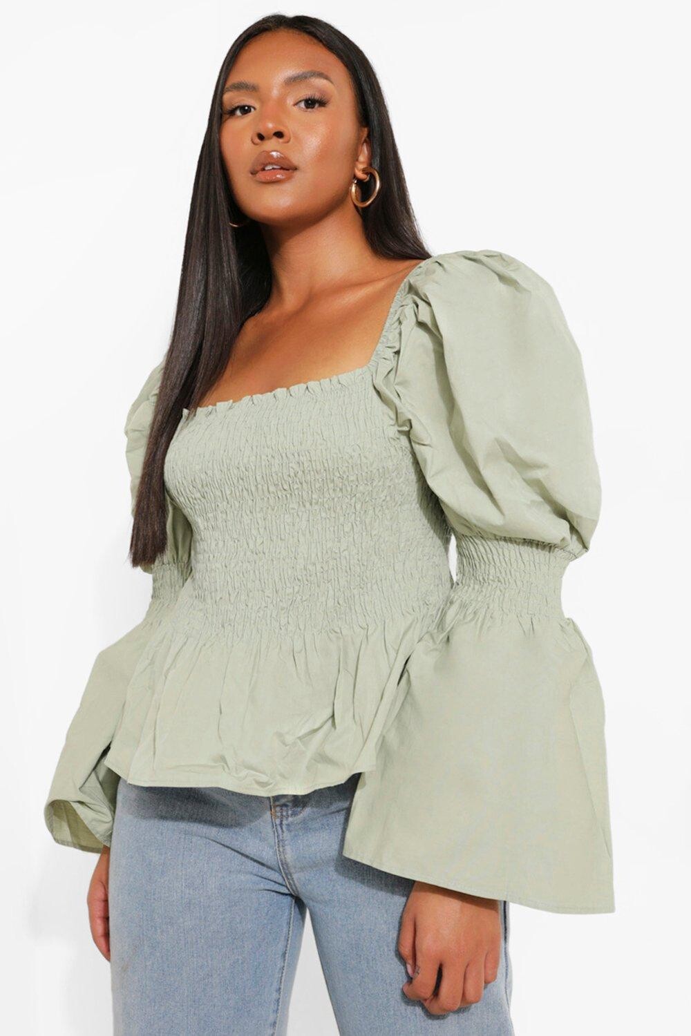 

Топ из хлопка с буфами и рукавами Boohoo, шалфей