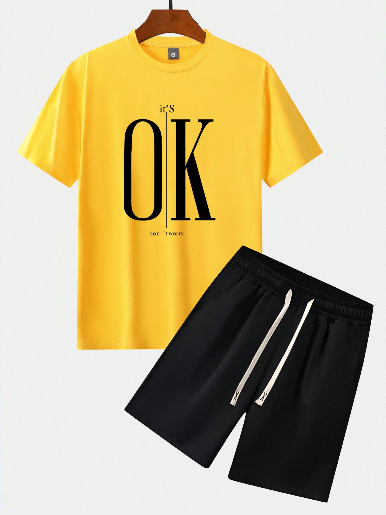 Мужская футболка обычного кроя с коротким рукавом и шортами на шнурке с буквенным принтом, желтый летний мужской комплект спортивные костюмы футболки шорты комплект из двух предметов модная спортивная одежда мужская одежда с принтом