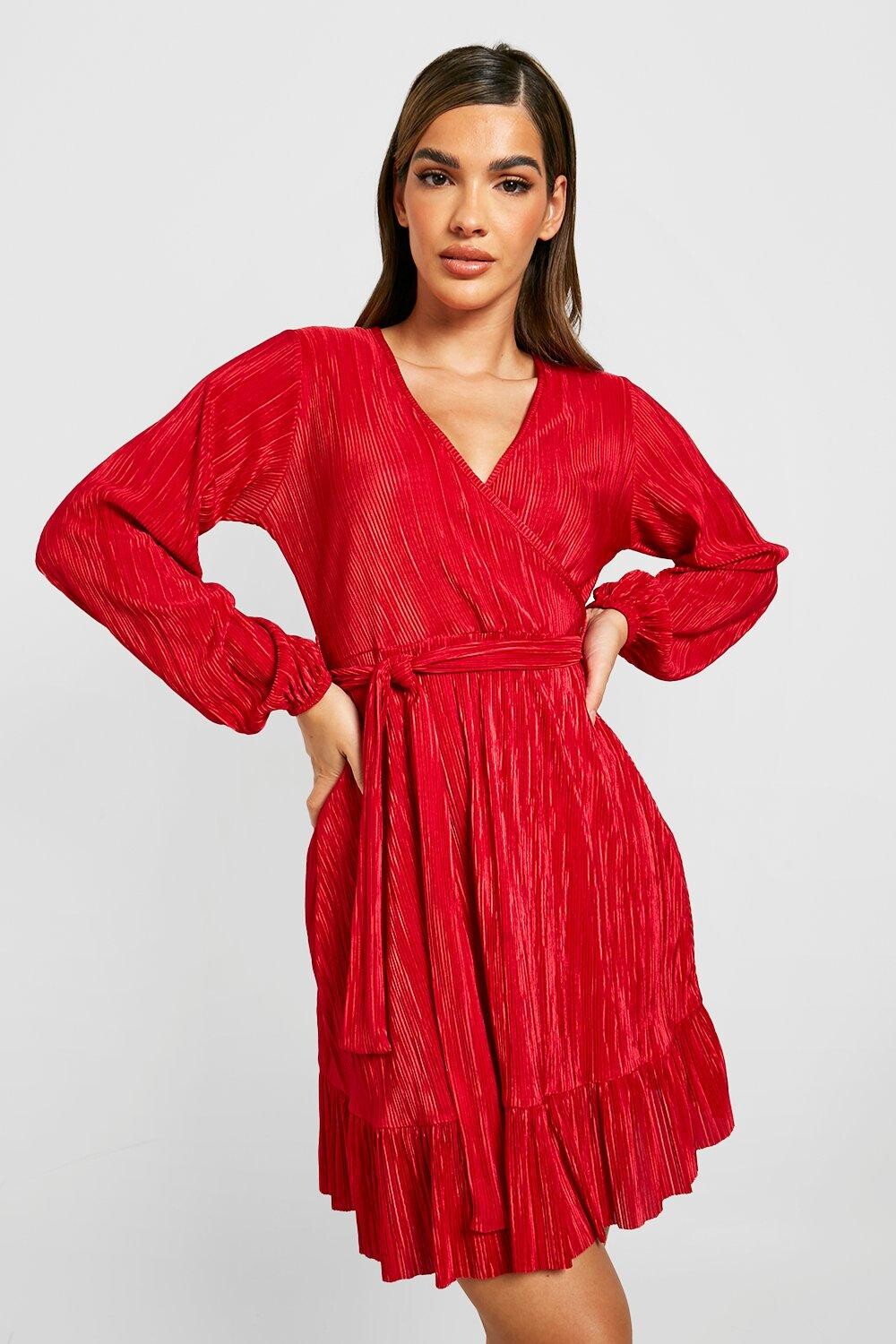 

Платье с запахом и поясом Boohoo, красный