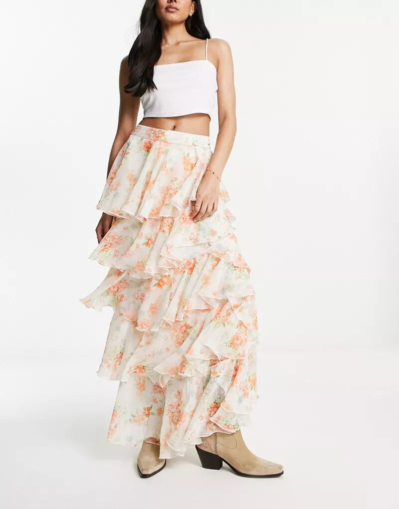 Многоярусная юбка макси из шифона с цветочным принтом Miss Selfridge в стиле бохо