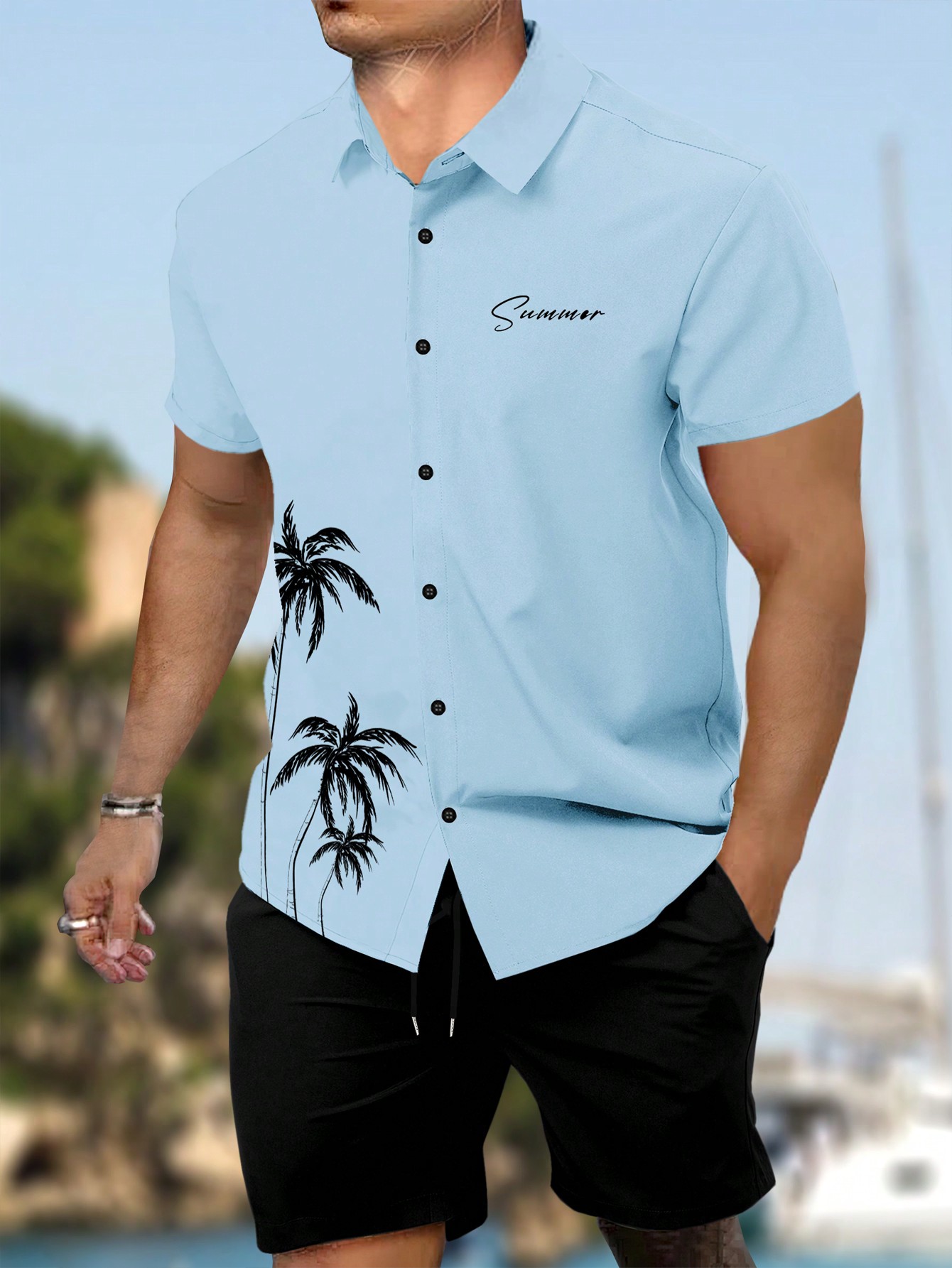 Мужской комплект из рубашки и шорт с короткими рукавами и принтом пальм и букв Manfinity Chillmode, многоцветный