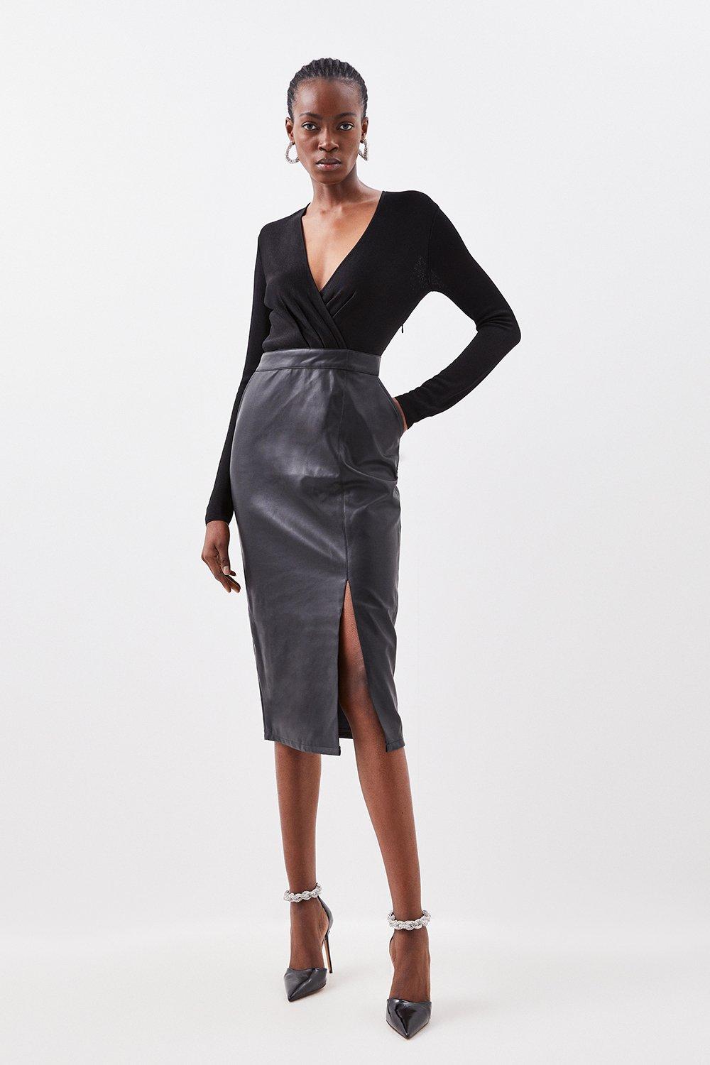 цена Прозрачное платье мидакси миниатюрного размера из смеси вискозы и ПУ Karen Millen, черный