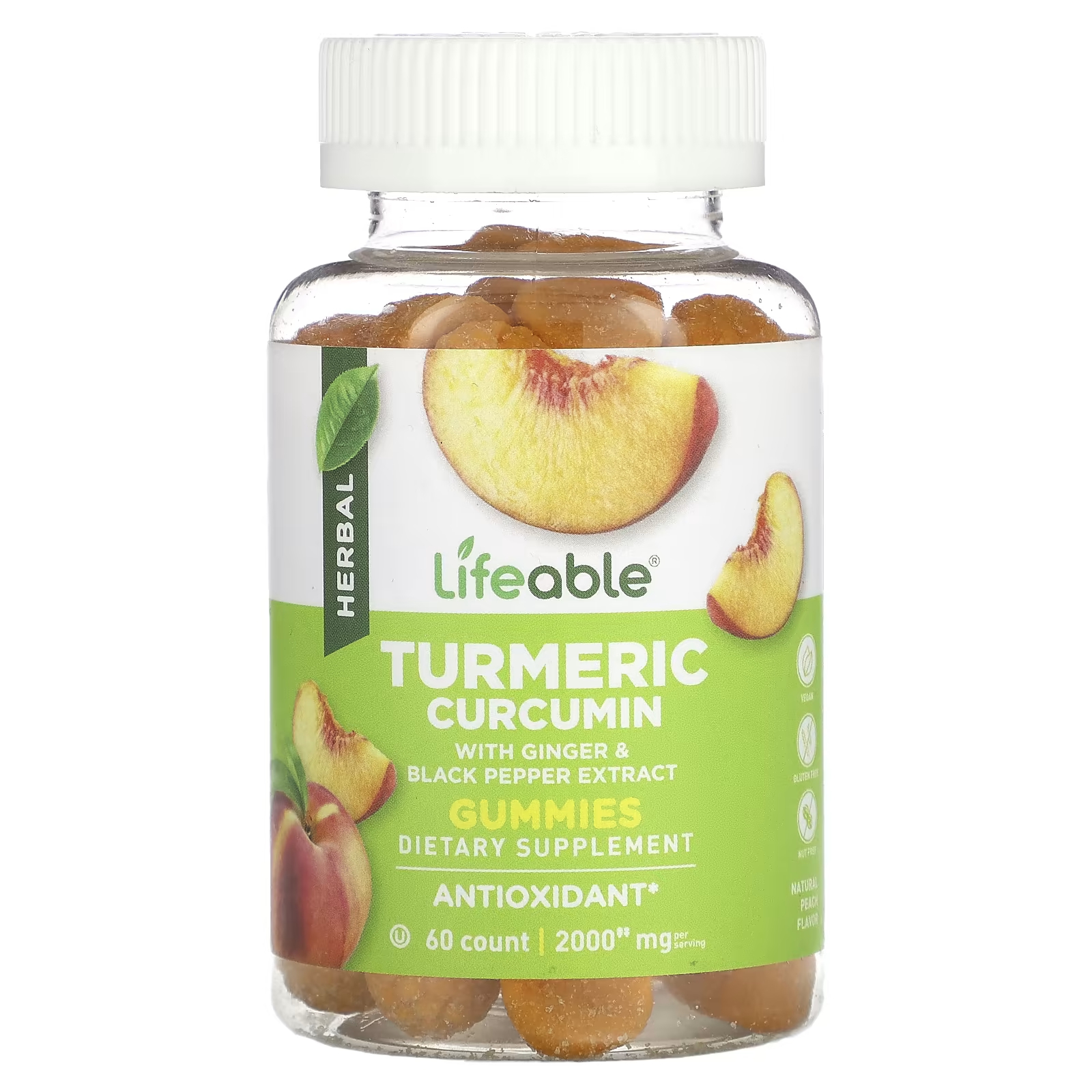 Куркума Lifeable 2000 мг натуральный персик, 60 жевательных таблеток поддержка сна для взрослых vitafusion sleepwell натуральный белый чай и персик 60 жевательных таблеток