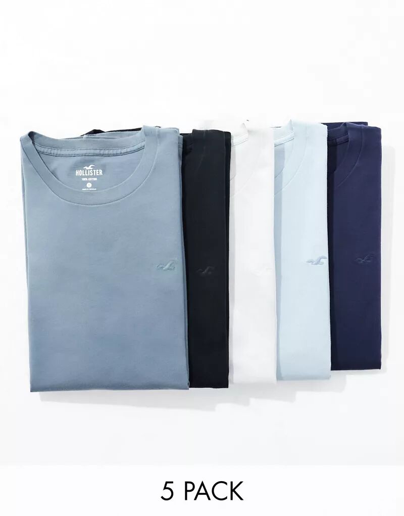 Комплект из 5 футболок с круглым вырезом Hollister в оттенках синего