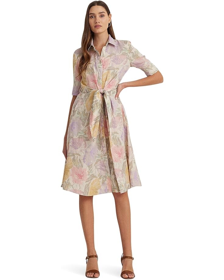 

Платье LAUREN Ralph Lauren Petite Floral Tie-Front Linen Shirtdress, кремовый, Бежевый