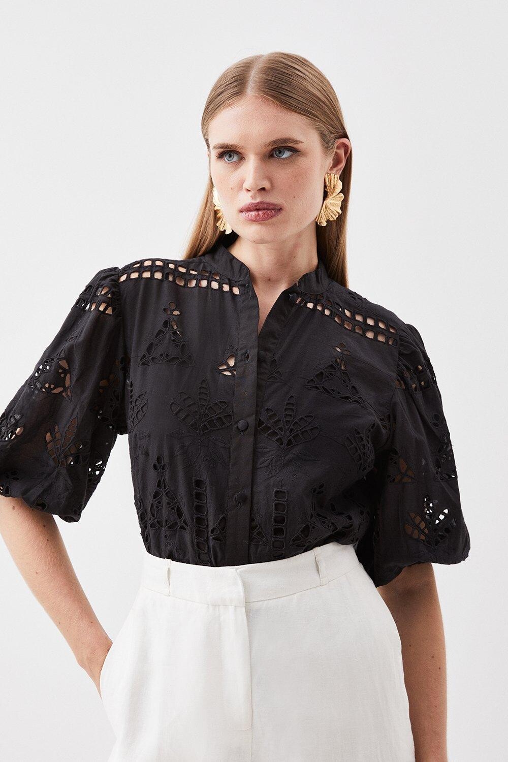 

Хлопковый тканый топ с вышивкой бродери Karen Millen, черный