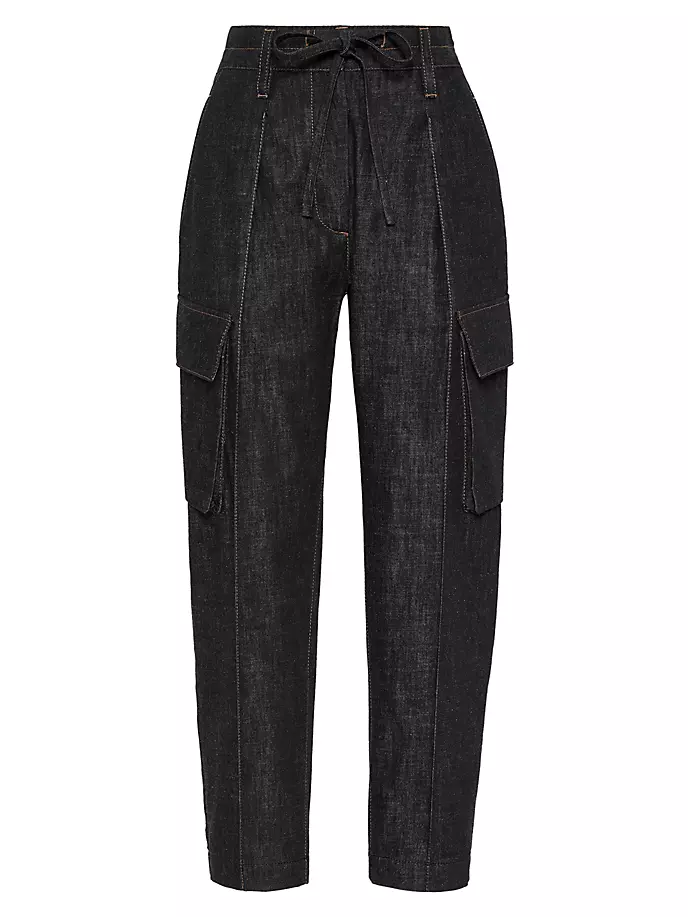 

Темные полированные джинсы Baggy Utility с кулиской и блестящей лентой Brunello Cucinelli, черный