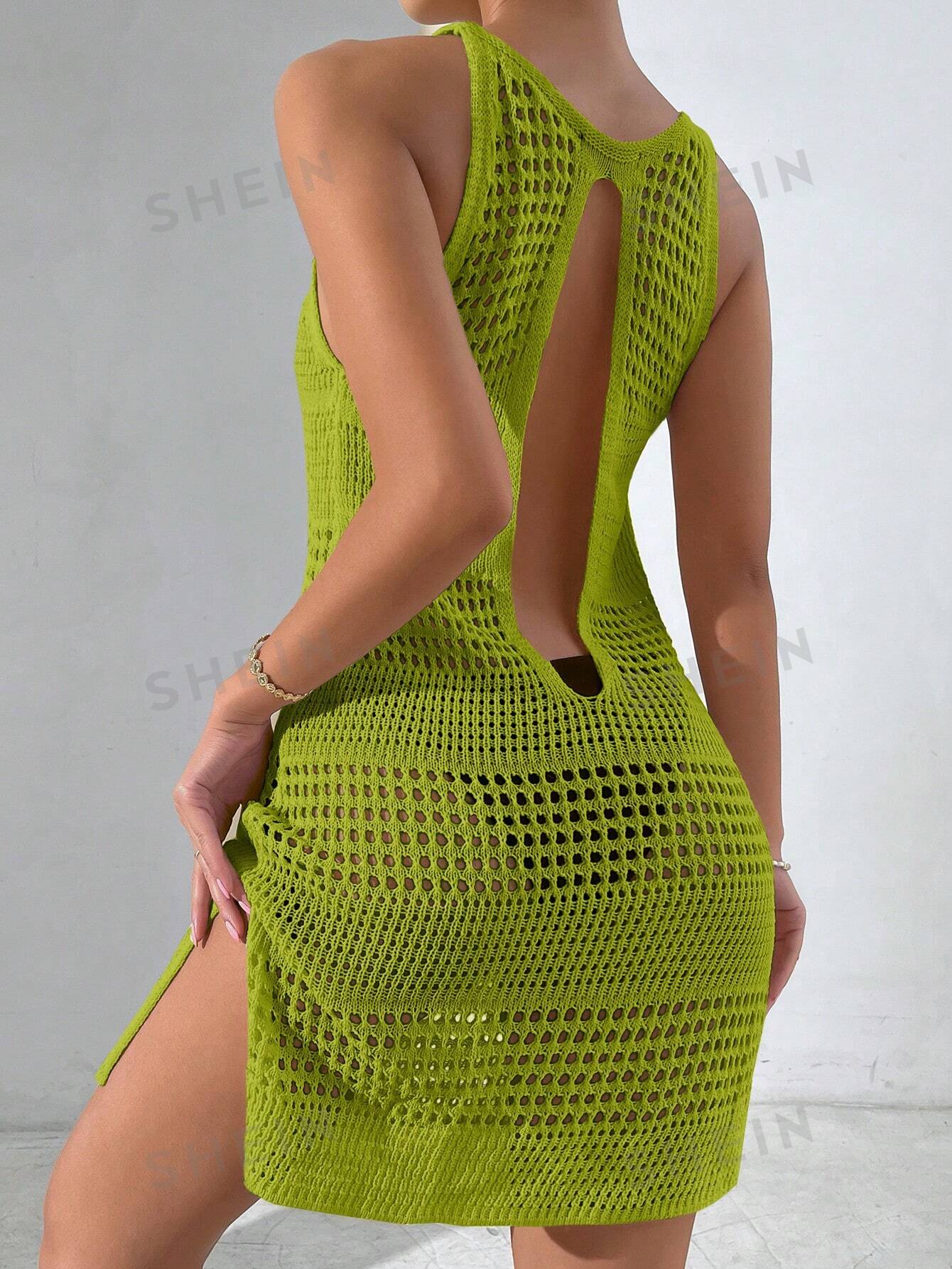 цена SHEIN Swim Vcay однотонное трикотажное платье с разрезами и вырезами, оливково-зеленый
