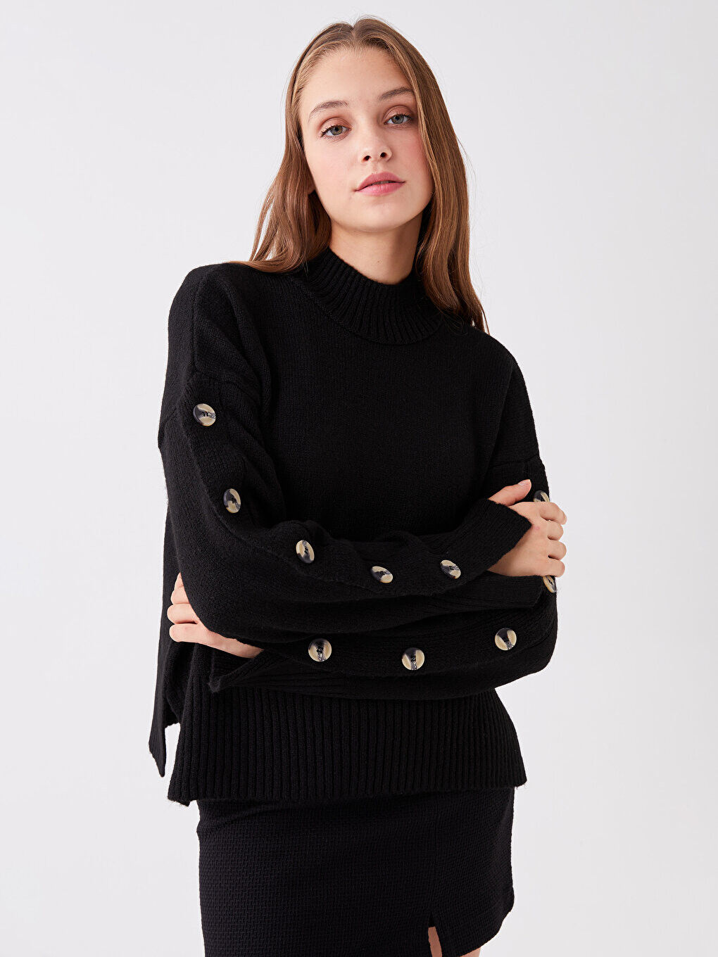 

Простой женский вязаный свитер большого размера с полуводолазкой и длинными рукавами LCW Casual, новый черный