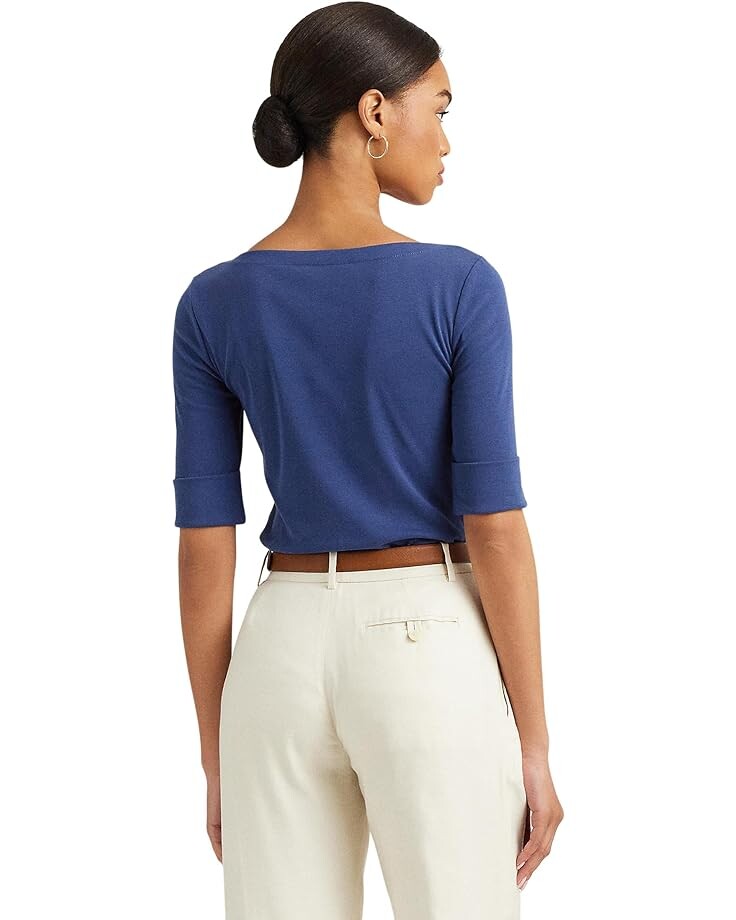 

Топ LAUREN Ralph Lauren Petite Stretch Cotton Boatneck Top, цвет Indigo Sail