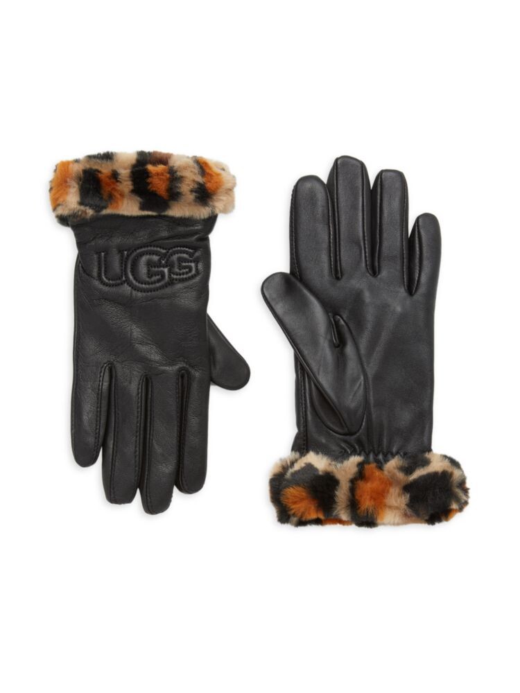 

Перчатки с манжетами из кожи и искусственного меха с логотипом Ugg, цвет Black Leopard
