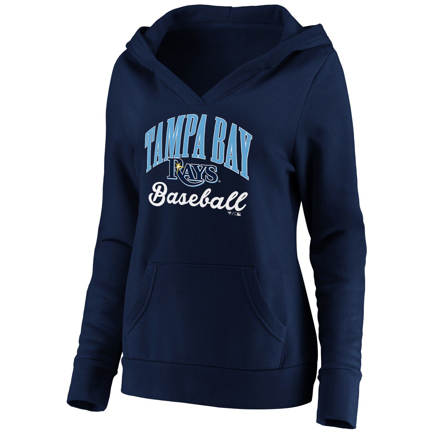 

Женский пуловер с капюшоном Fanatics темно-синего цвета Tampa Bay Rays Victory Script с перекрестным вырезом и капюшоном Fanatics
