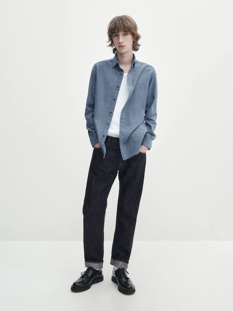 

Рубашка узкого кроя из хлопка с узором «гусиные лапки» Massimo Dutti, синий
