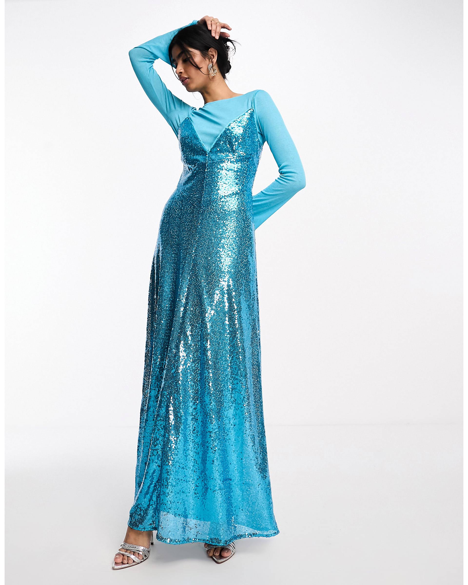 Платье-комбинация Daska с пайетками и отстегивающимся верхом в тон цвета морской волны aqua blue