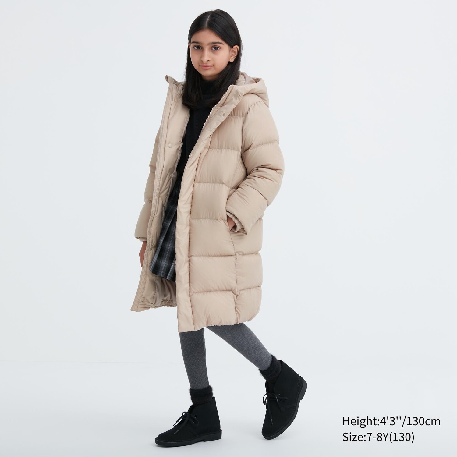

Пуховик Uniqlo детский ниже колена с капюшоном, слоновая кость, Бежевый