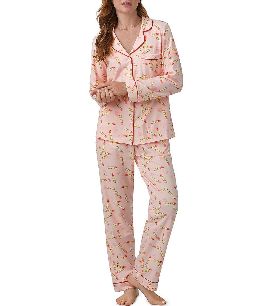 Пижамы из джерси с принтом помады и длинными рукавами, воротник с вырезом, длинные брюки, пижамный комплект BedHead Pajamas, белый