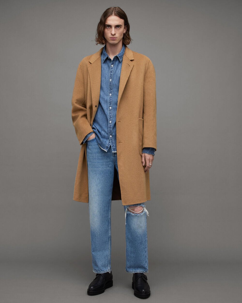 

Пальто оверсайз из смесовой шерсти Stano AllSaints, глубокий верблюд
