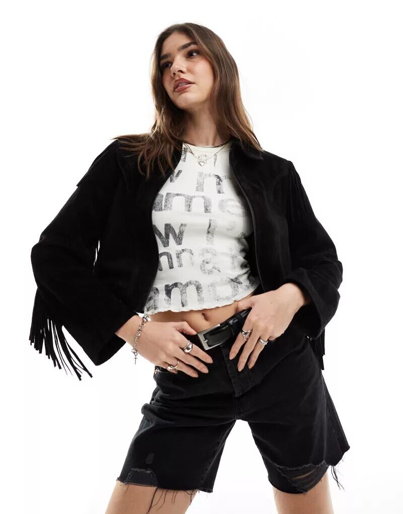 

Черная замшевая куртка с бахромой ASOS