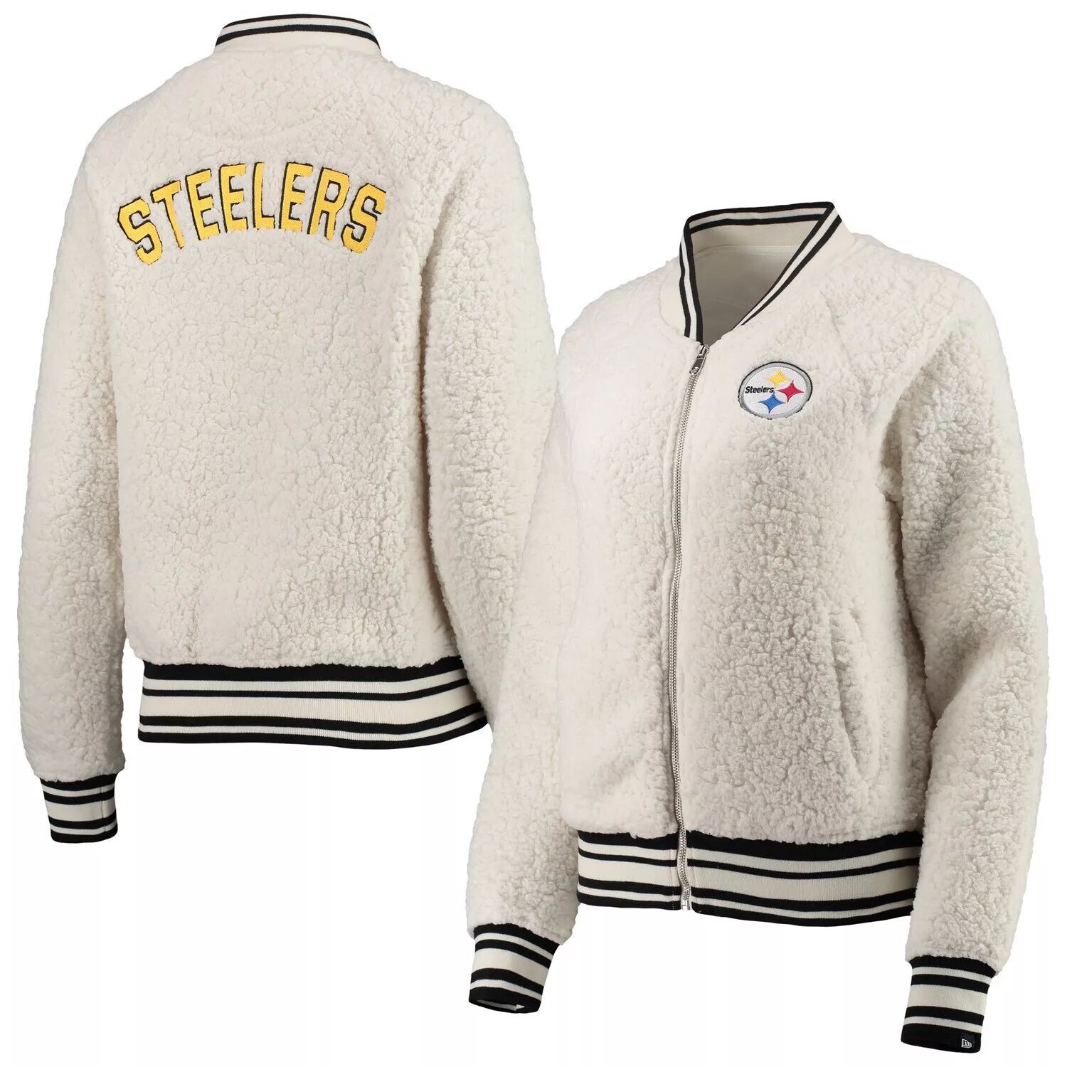 

Женская кремовая куртка New Era Pittsburgh Steelers с молнией во всю длину из шерпы New Era