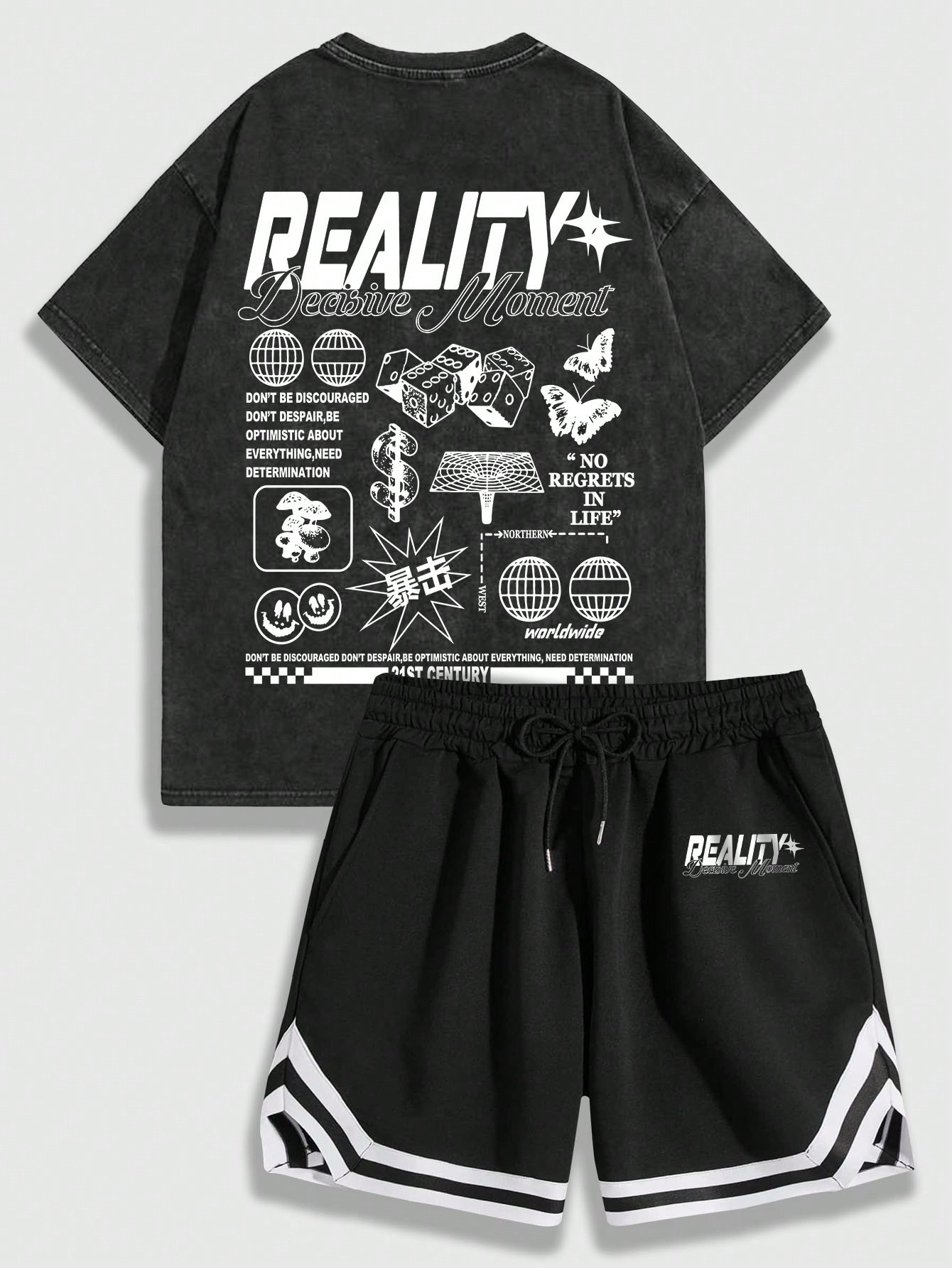 ROMWE Street Life Мужская футболка в стиле ретро с буквенным принтом и дышащими спортивными шортами для повседневного ношения весной и летом, черный