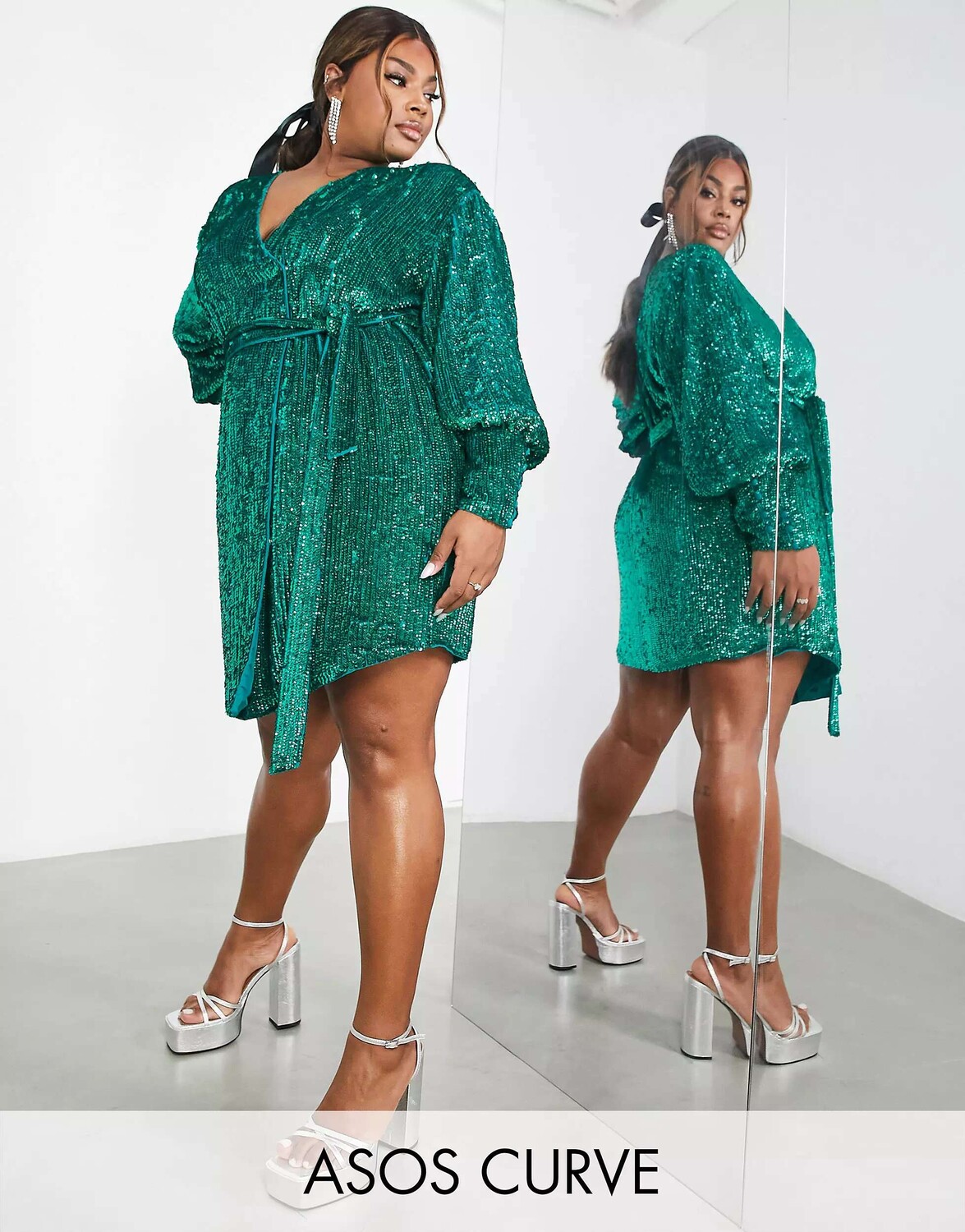 

Бирюзовое платье мини с пайетками ASOS Curve, Зеленый