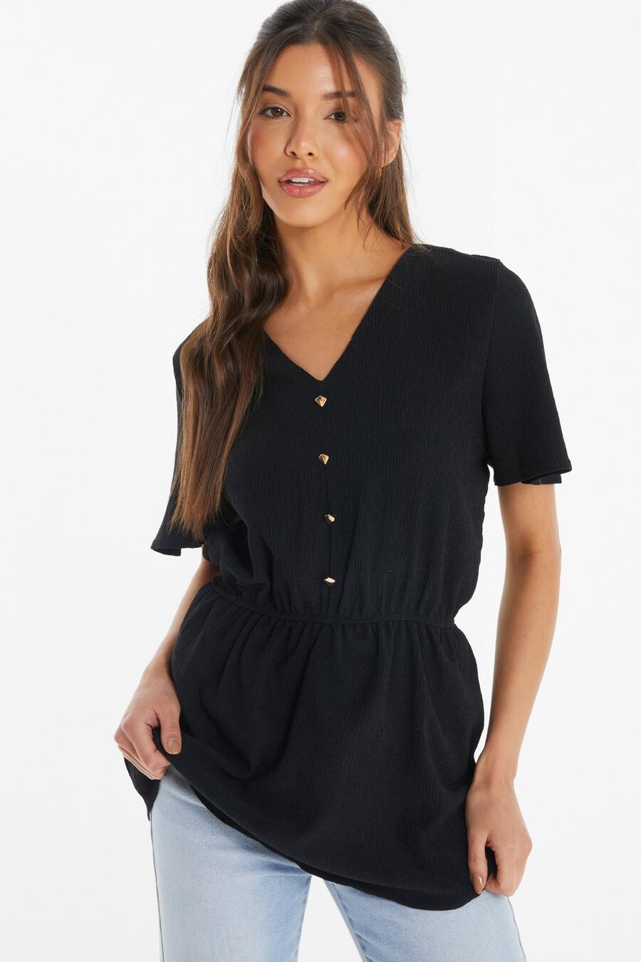 

Черный текстурированный топ с баской QUIZ Clothing