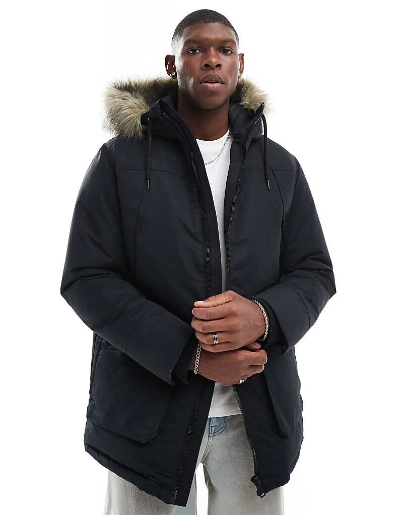 

Jack & Jones – черная парка со съемным капюшоном, отделанным искусственным мехом