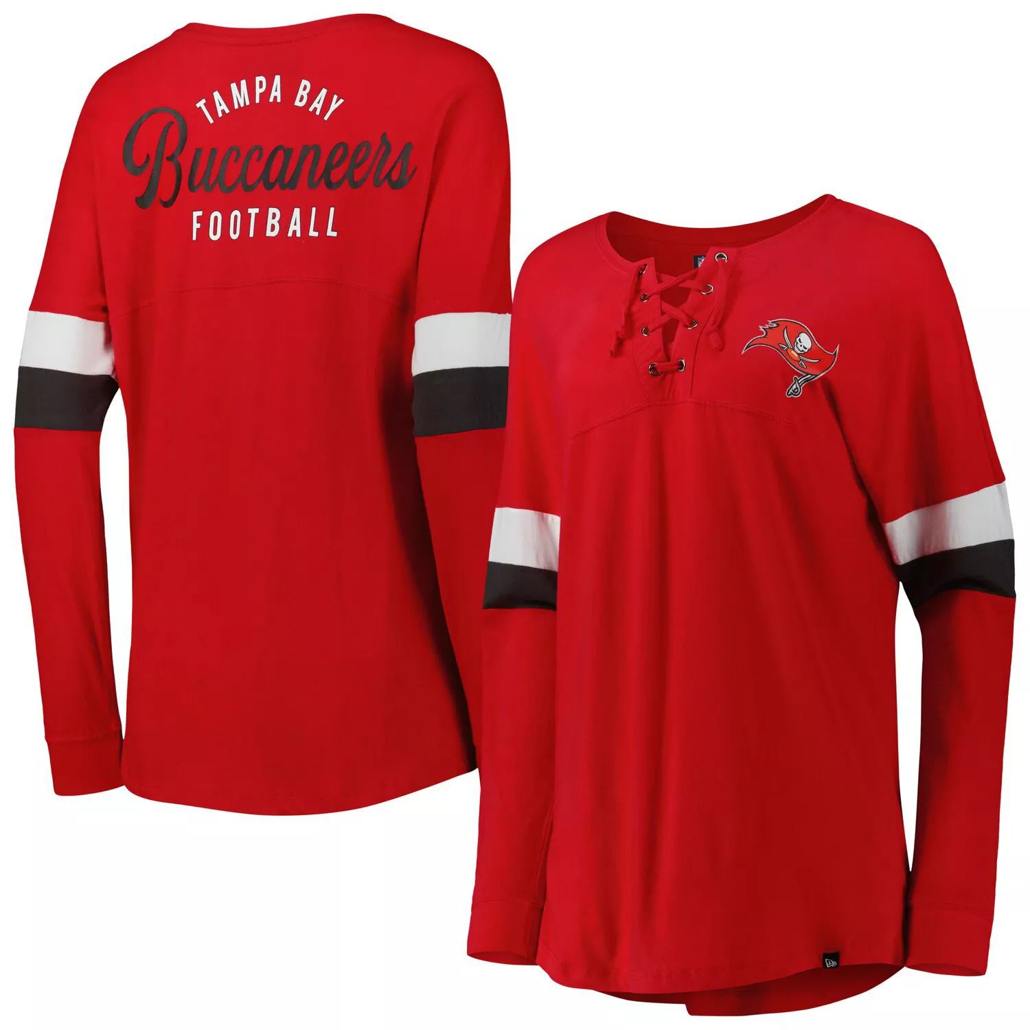 

Женская красная футболка New Era Tampa Bay Buccaneers Athletic Varsity со шнуровкой и длинными рукавами New Era, Красный