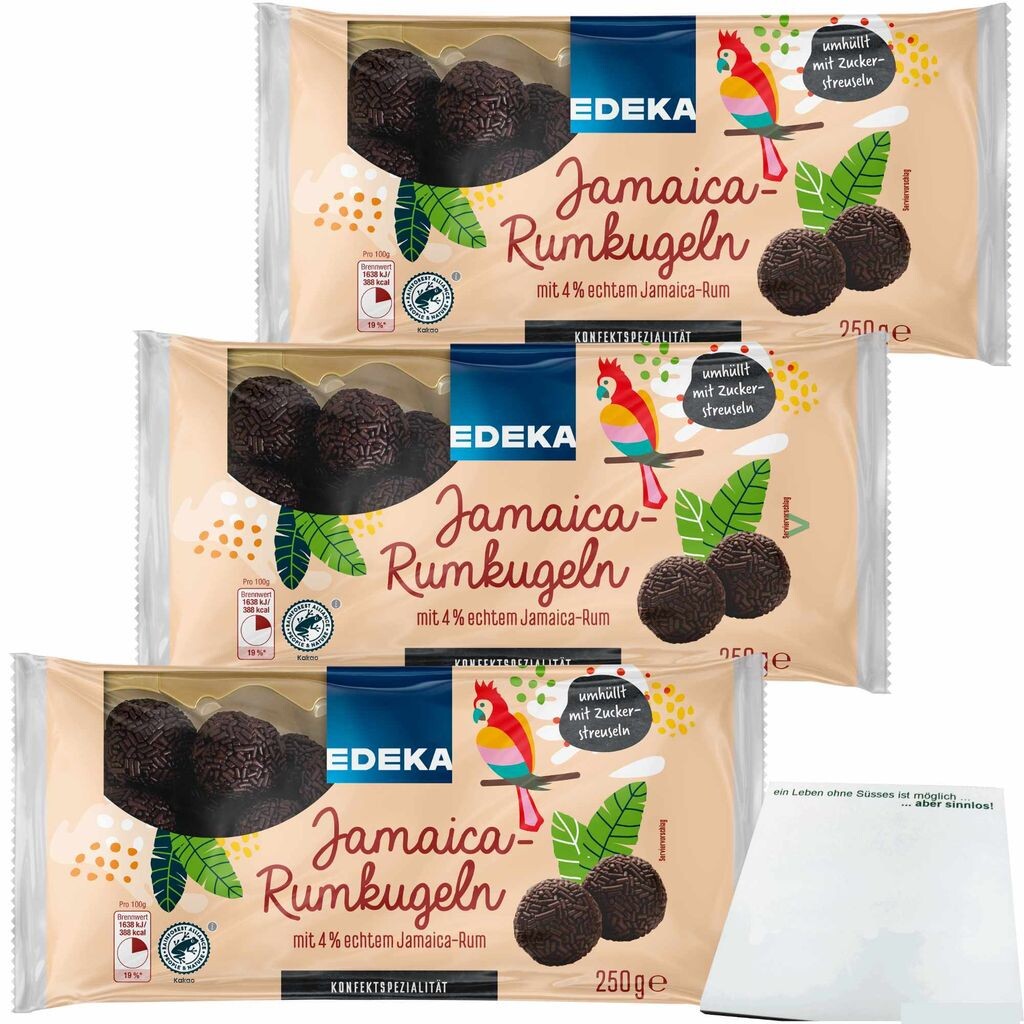 

Ромовые шарики Edeka Jamaica с 4% настоящего ямайского рома без использования ароматизаторов, упаковка 3 шт. (3 упаковки по 250 г) + блок usy