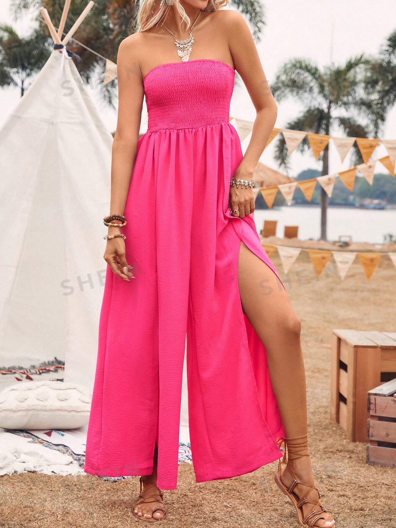 SHEIN VCAY Однотонный комбинезон с открытыми плечами, ярко-розовый женский пляжный комбинезон в полоску повседневный простой праздничный комбинезон с оборками и открытыми плечами длинные брюки с широкими