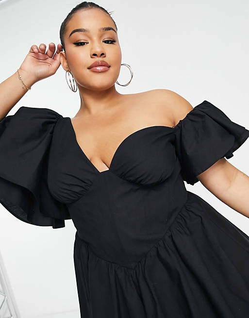 

Черное хлопковое платье на одно плечо с корсетом и оборками ASOS LUXE Curve