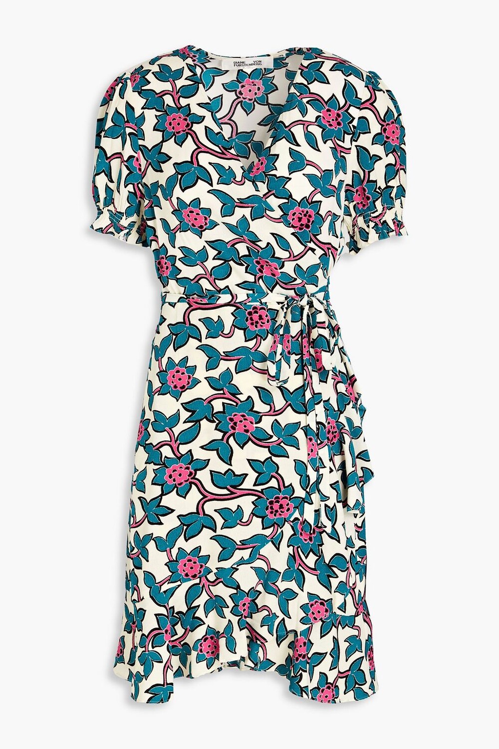 

Креповое платье мини с запахом Emilia и оборками с цветочным принтом DIANE VON FURSTENBERG, бирюзовый