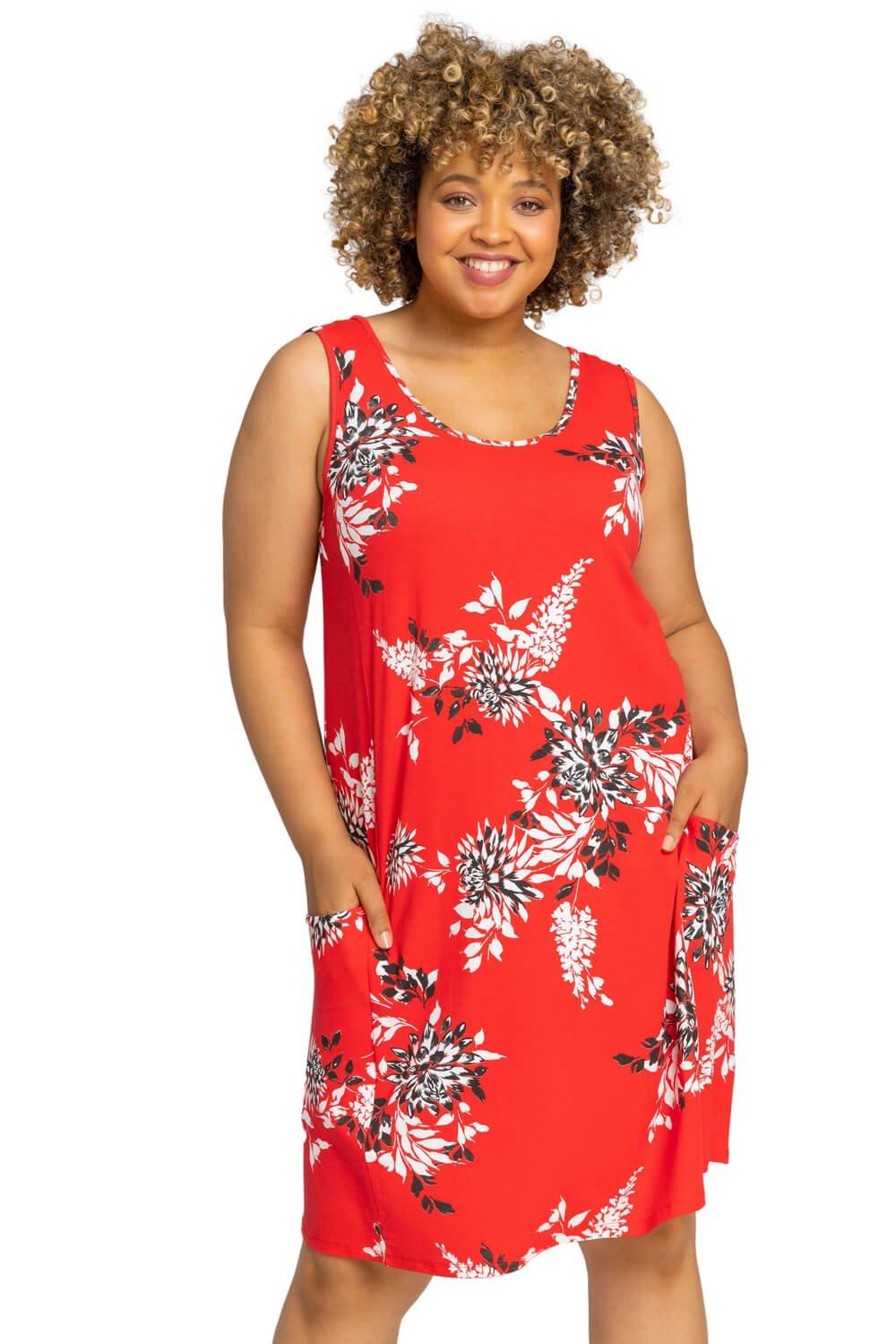 Свободное платье Curve с цветочным принтом Roman, красный свободное женское платье с круглым вырезом длинным рукавом и цветочным принтом с карманами литературное женское платье средней длины из