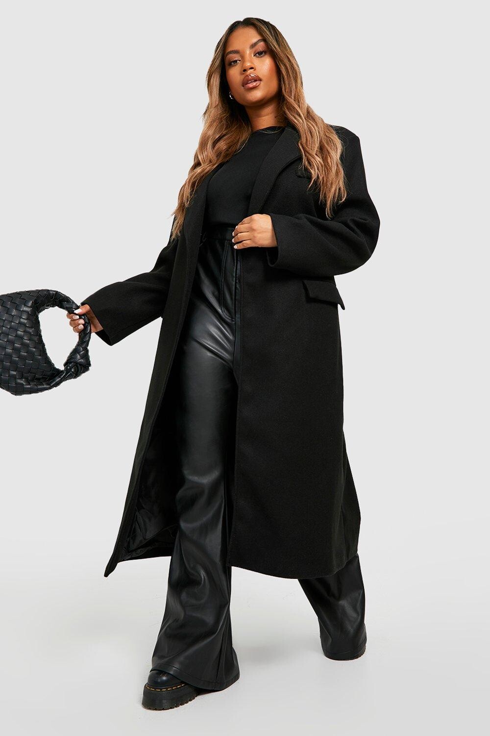 

Шерстяное пальто Plus с поясом boohoo, черный