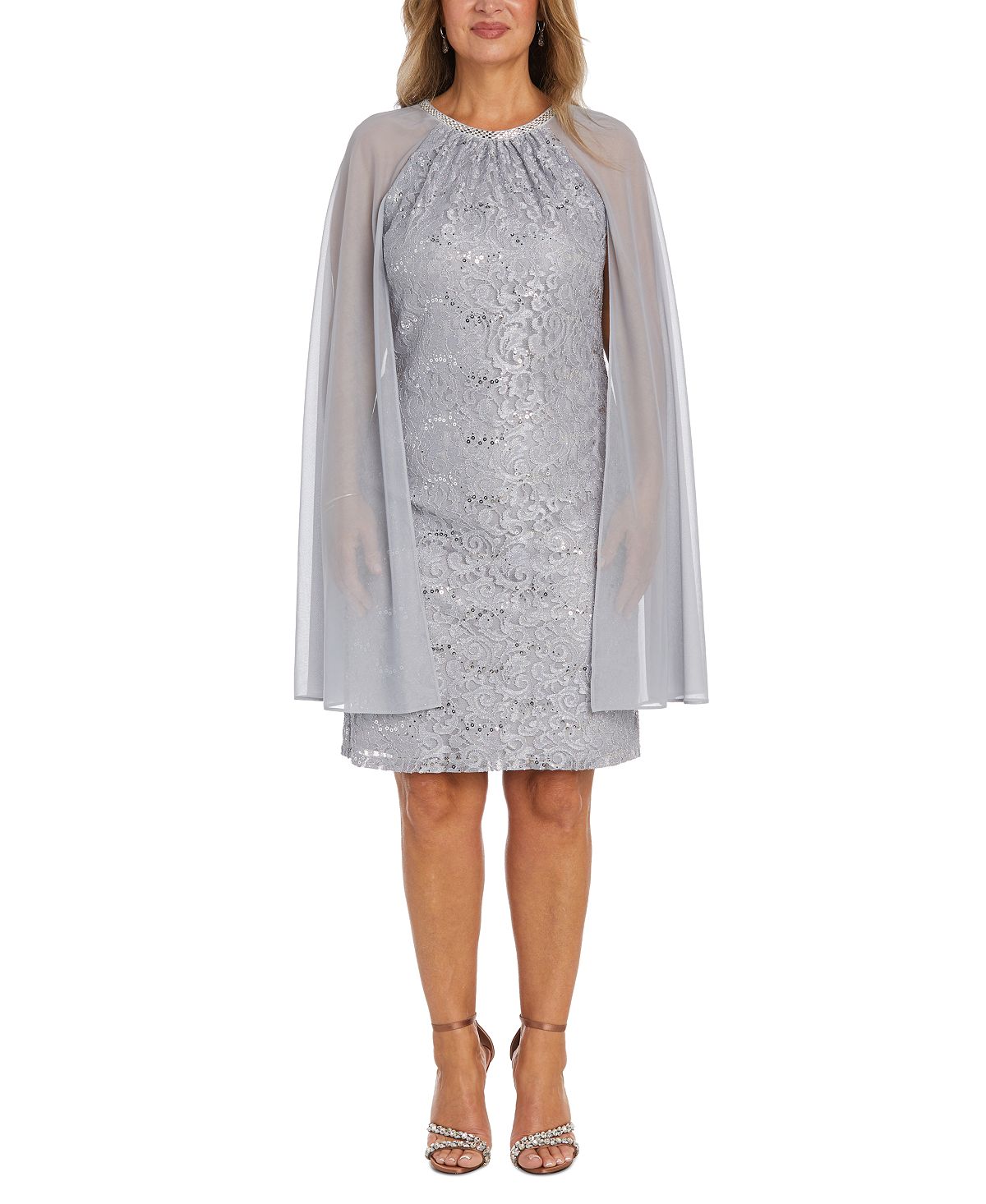 Женское кружевное платье с пайетками и шифоновая накидка R & M Richards, серебро