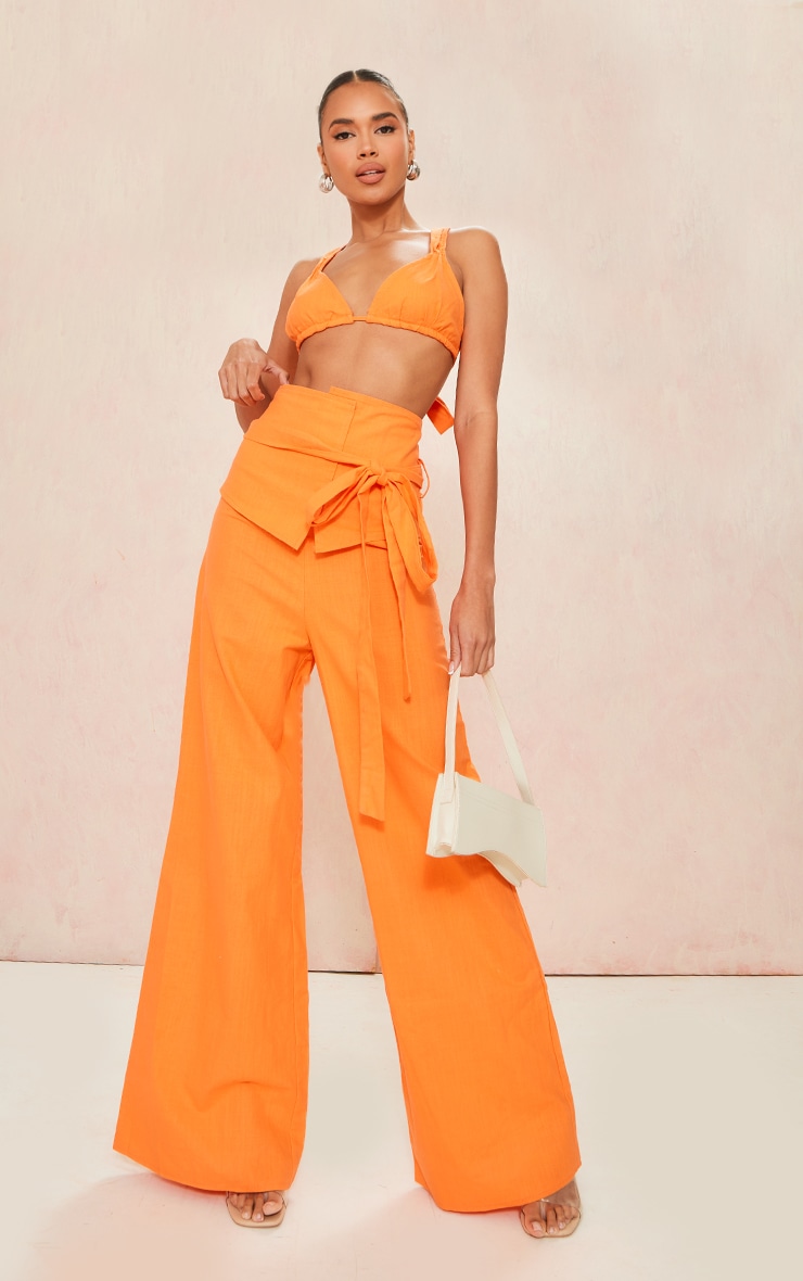 PrettyLittleThing Ярко-оранжевые широкие брюки с завышенной талией и льняным эффектом комбинезон женский оверсайз без рукавов зеленый ромпер с завышенной талией и поясом лето 2022
