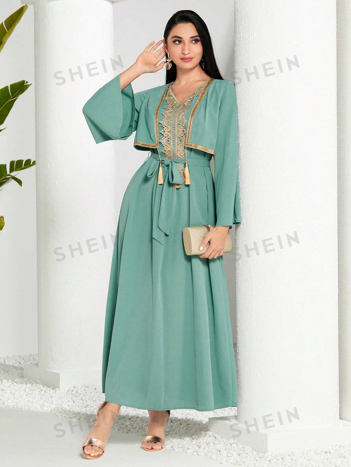 SHEIN Modely женское арабское платье в стиле пэчворк из тканой ленты с бахромой и длинными рукавами, синий