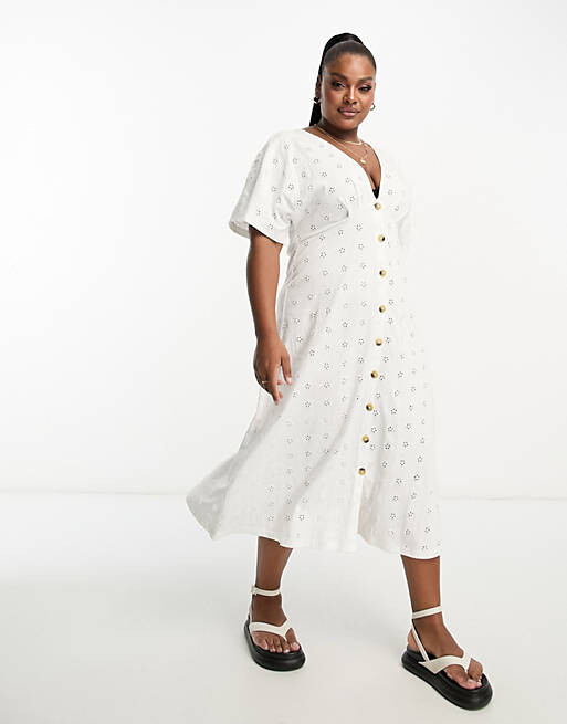

Белое платье миди с v-образным вырезом и пуговицами ASOS DESIGN Curve, Белый