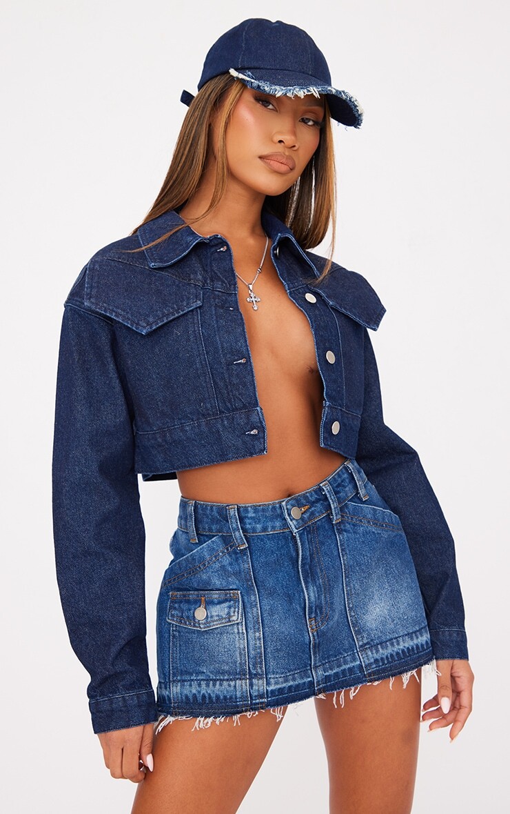

PrettyLittleThing Супер укороченная джинсовая куртка свободного кроя цвета индиго синего цвета, Синий