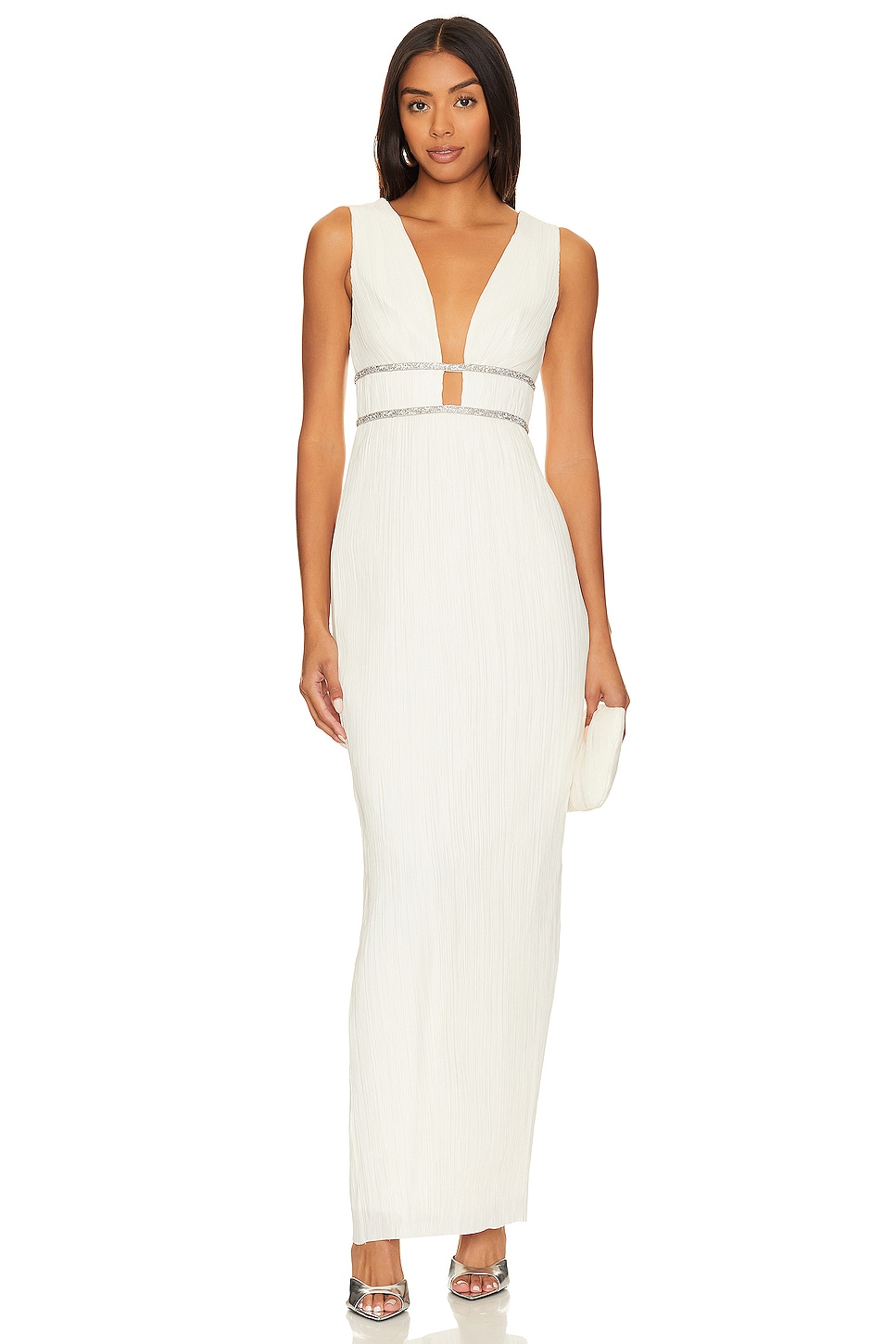 Платье BCBGMAXAZRIA V Neck Pleated Gown, цвет Gardenia