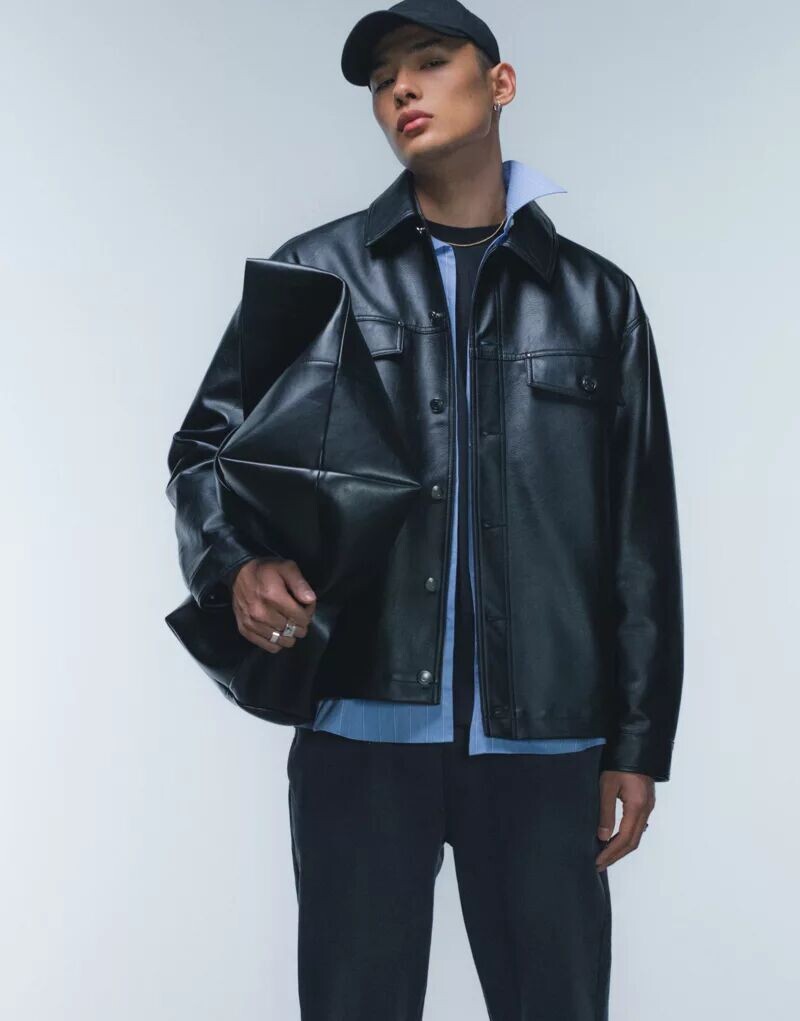 

Черная куртка в стиле вестерн из искусственной кожи Topman