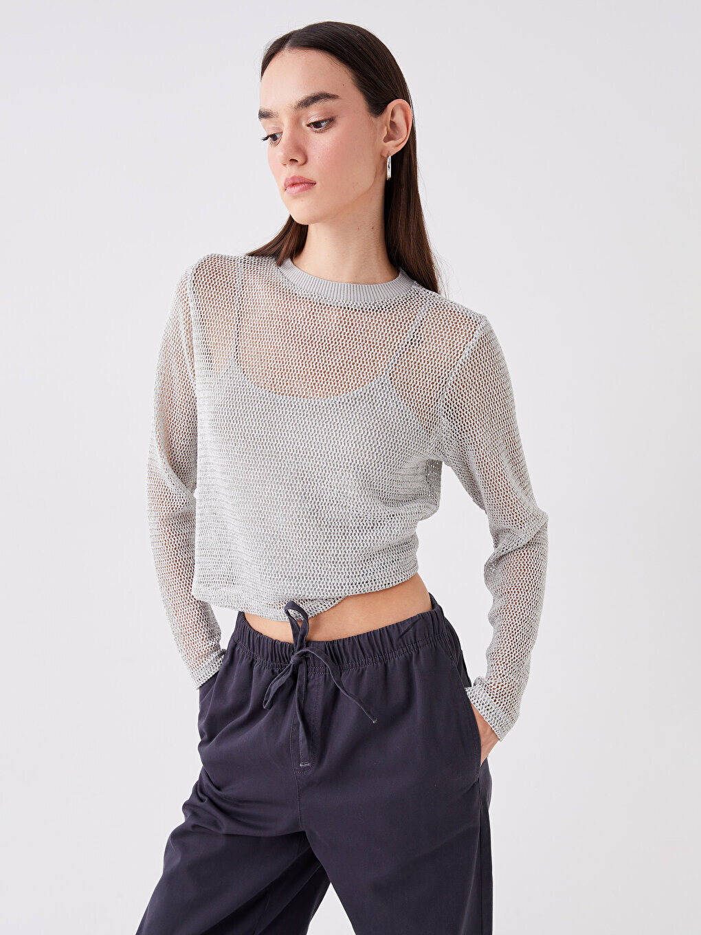 

Ажурная женская футболка с круглым вырезом и длинными рукавами LCW Casual, светло-серый