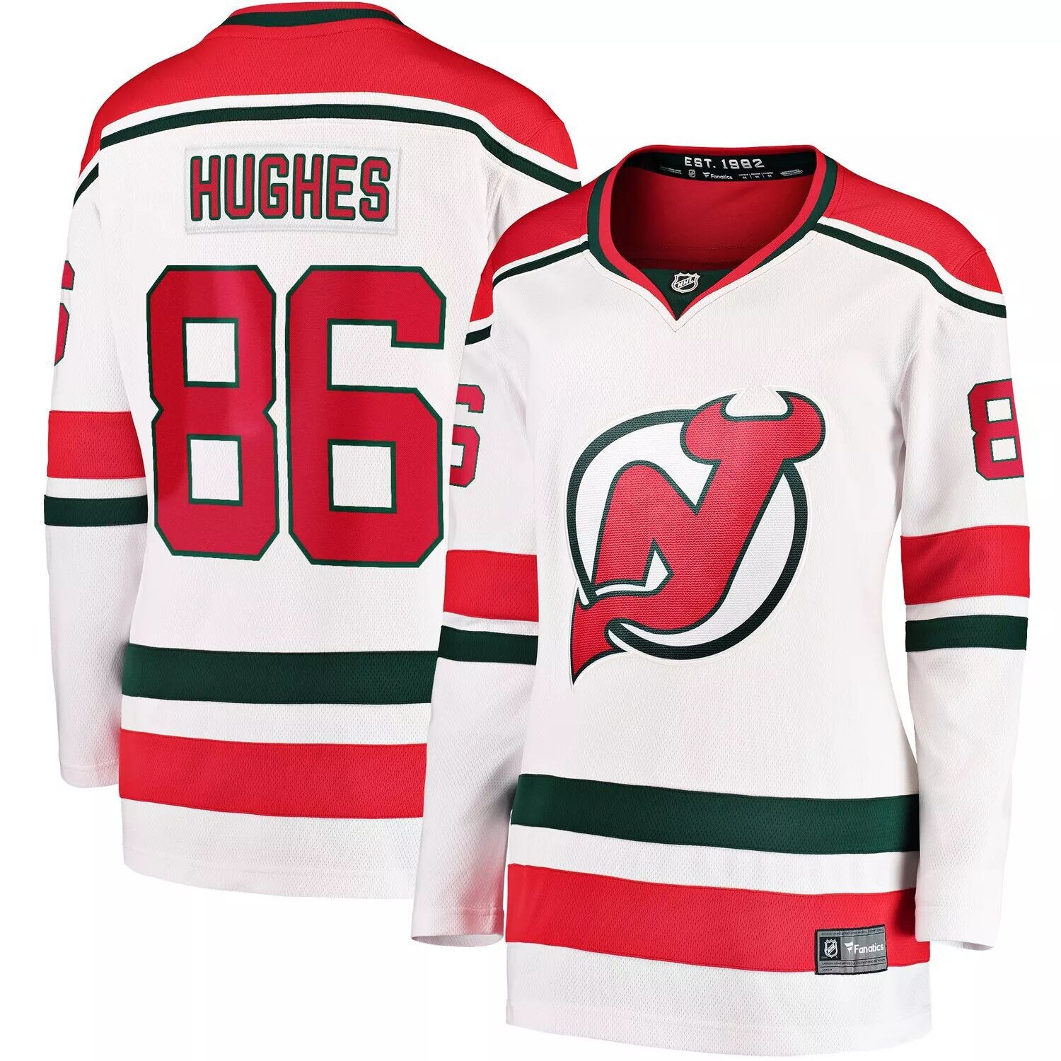 

Женская белая футболка Fanatics с логотипом Jack Hughes New Jersey Devils 2022/23 Heritage Premier Premier Fanatics, Белый