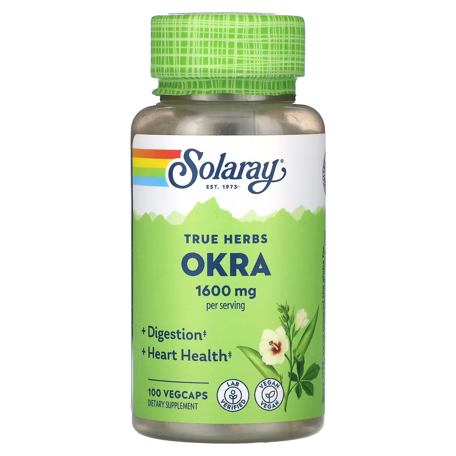 Пищевая добавка Solaray True Herbs Okra 1600 мг, 100 растительных капсул пищевая добавка solaray шелуха подорожника 525 мг 100 растительных капсул