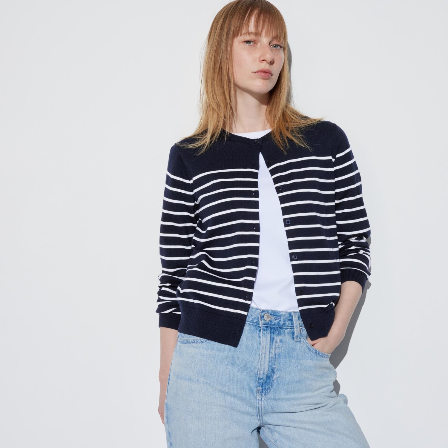 

Кардиган Uniqlo женский с длинными рукавами и круглым вырезом, темно-синий