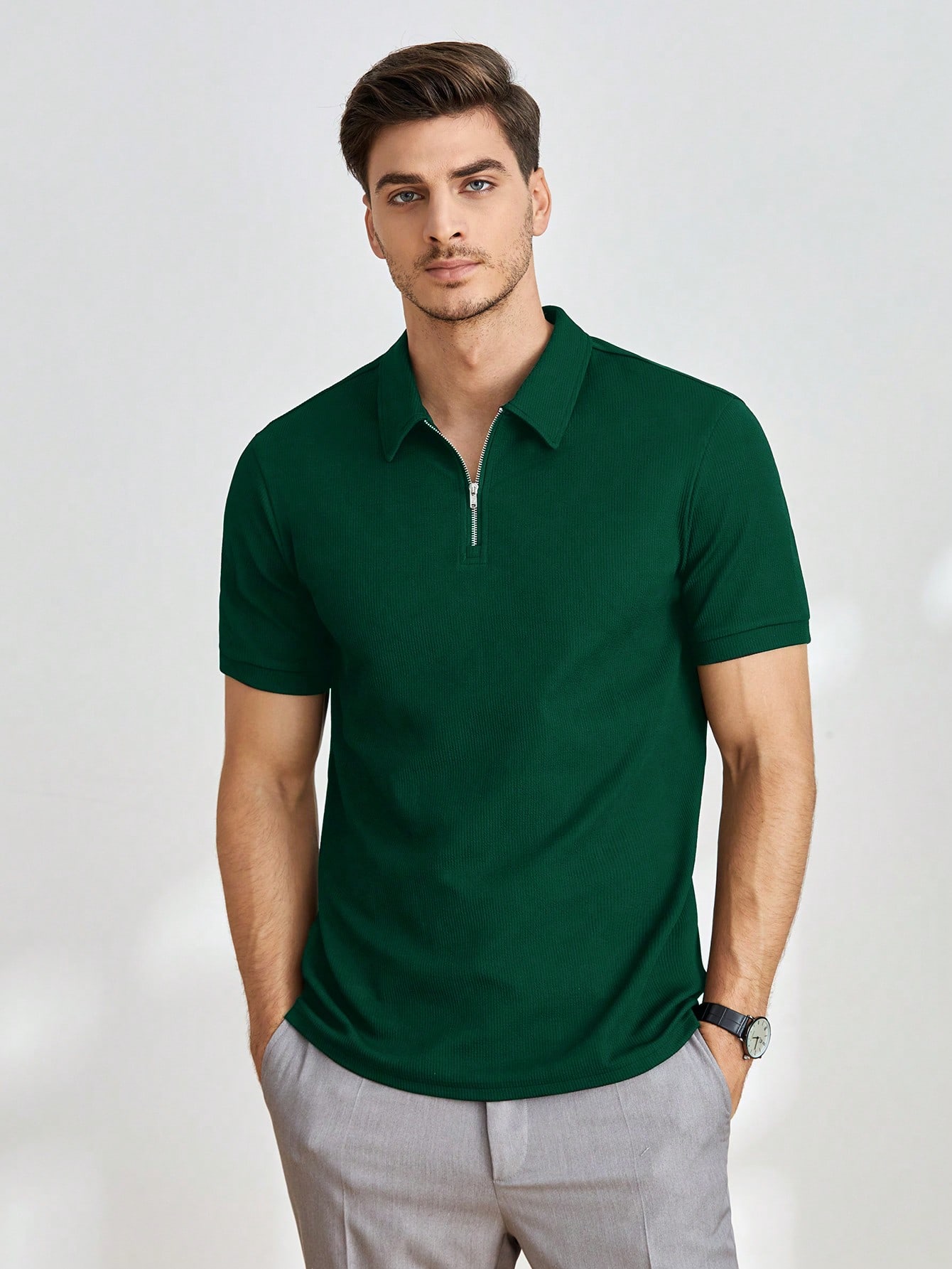 Мужская однотонная рубашка-поло с короткими рукавами Manfinity Homme, темно-зеленый