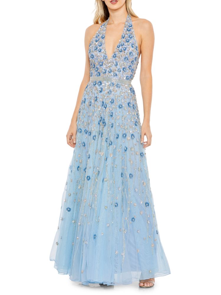 Платье А-силуэта с цветочным принтом и пайетками Mac Duggal, цвет Powder Blue