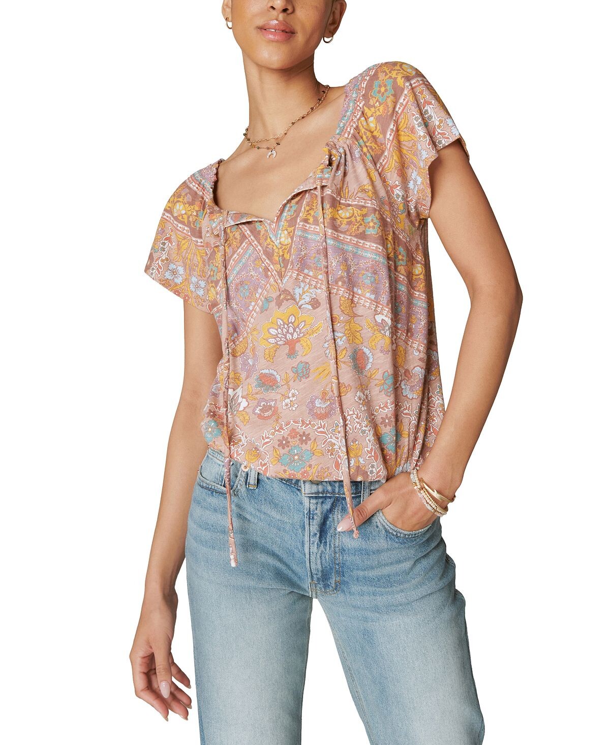 

Женский хлопковый топ-крестьянка с принтом Lucky Brand