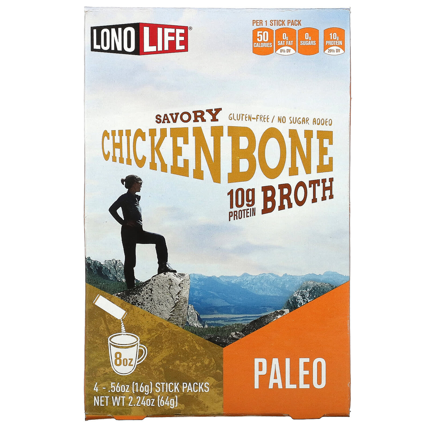 

Бульон, куриная кость, палеодиета, 4 пакетика по 16 г (0,56 унции), Lonolife