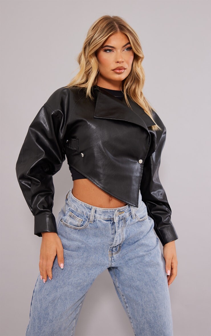 

PrettyLittleThing Черная укороченная байкерская куртка с перекрестием, Черный